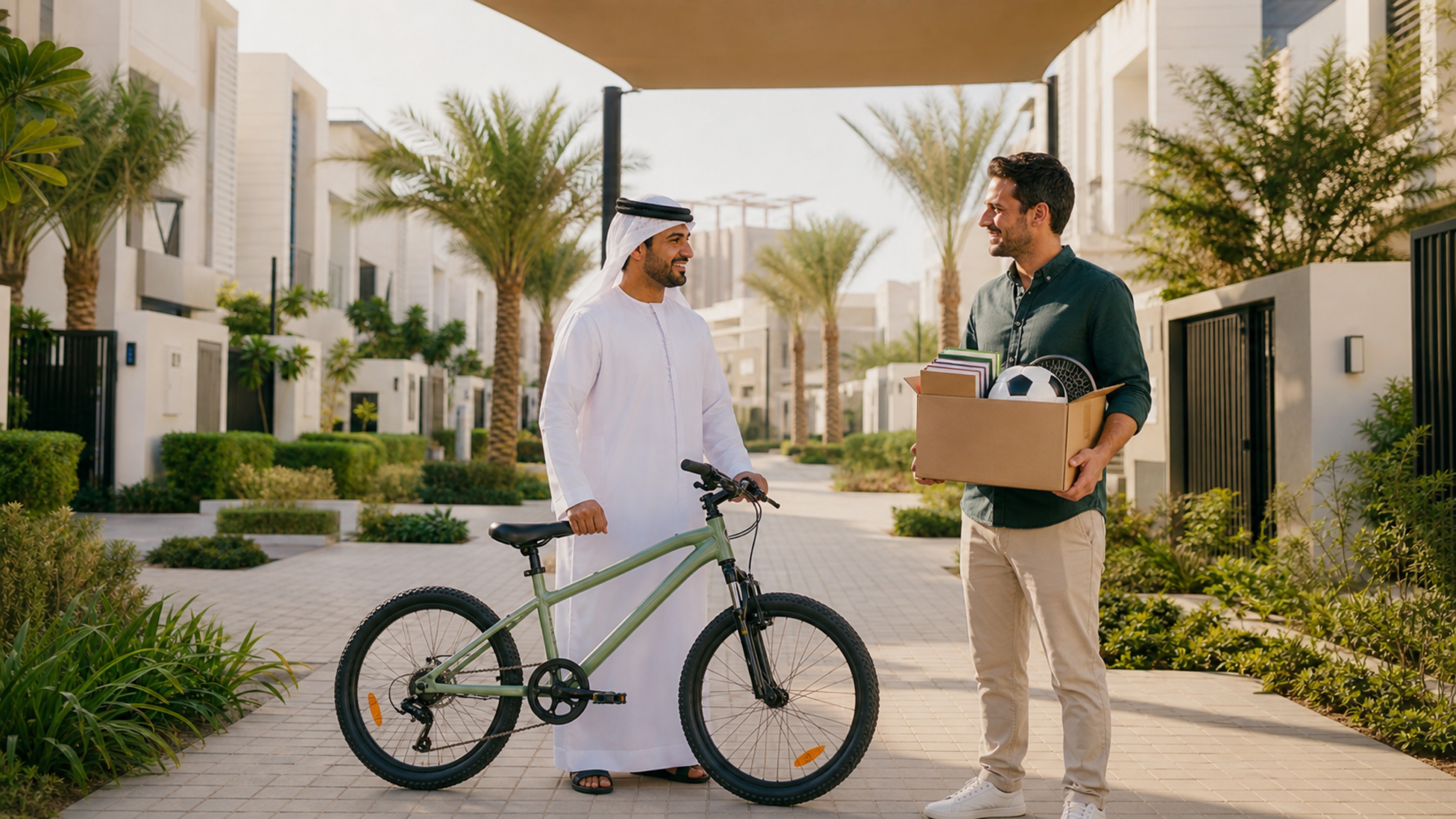 Two neighbours exchanging a bicycle and a box of useful items in a UAE community